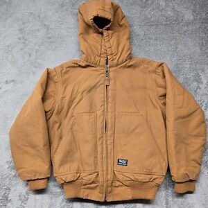 Walls Tough Wear Full Zip Jacket Boys M Brown Canvas Sherpa Lined Hooded Pockets